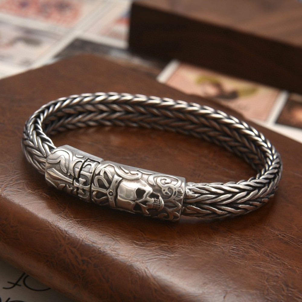 Men's Sterling Silver Crowned Skull Clasp Braided Bracelet
