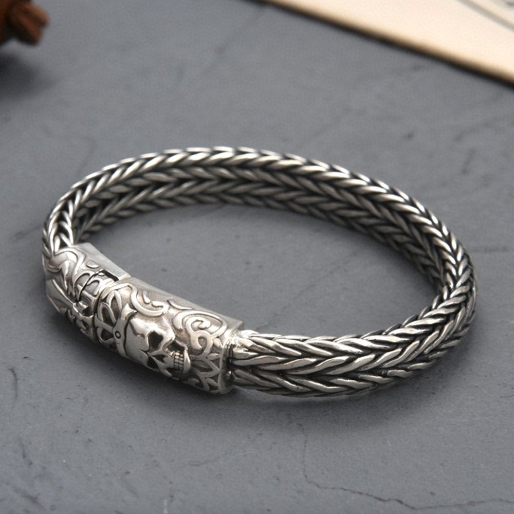 Men's Sterling Silver Crowned Skull Clasp Braided Bracelet