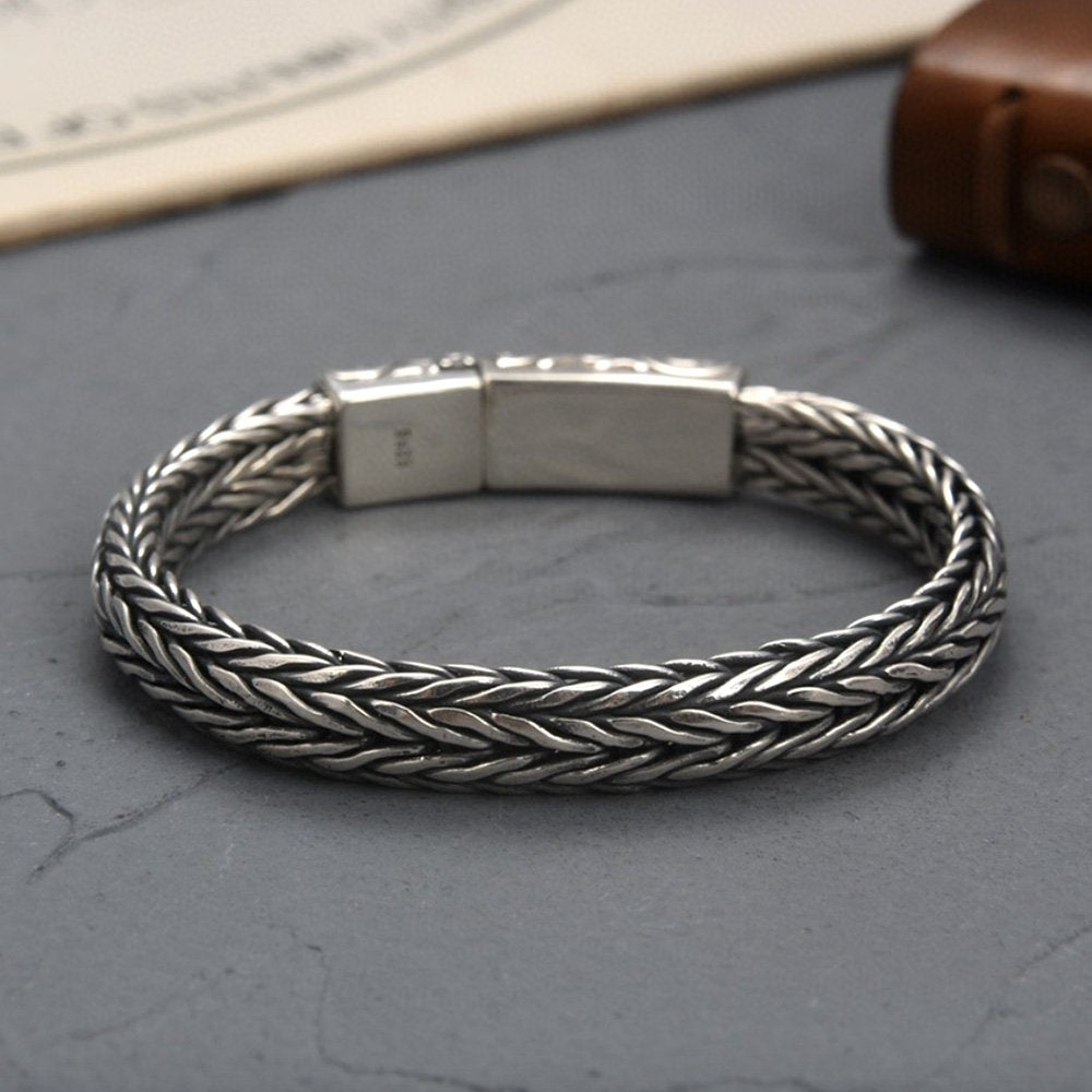 Mens Sterling Silver Crowned Skull Clasp Braided Bracelet -Jewelry1000