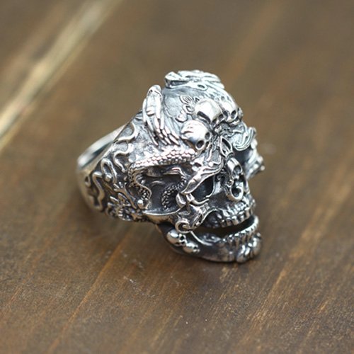 Men's Sterling Silver Dragon Skull Ring