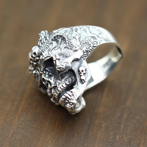 Men's Sterling Silver Dragon Skull Ring