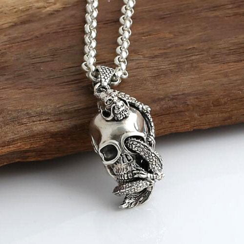 Men's Sterling Silver Dragon Winded Skull Necklace