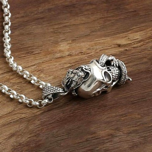 Men's Sterling Silver Dragon Winded Skull Necklace