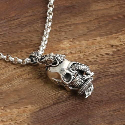 Men's Sterling Silver Dragon Winded Skull Necklace