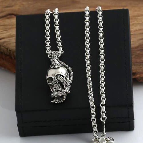 Men's Sterling Silver Dragon Winded Skull Necklace