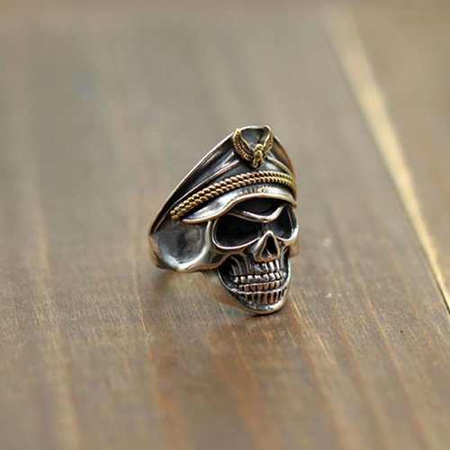 Men's Sterling Silver Eagle Hat Skull Ring