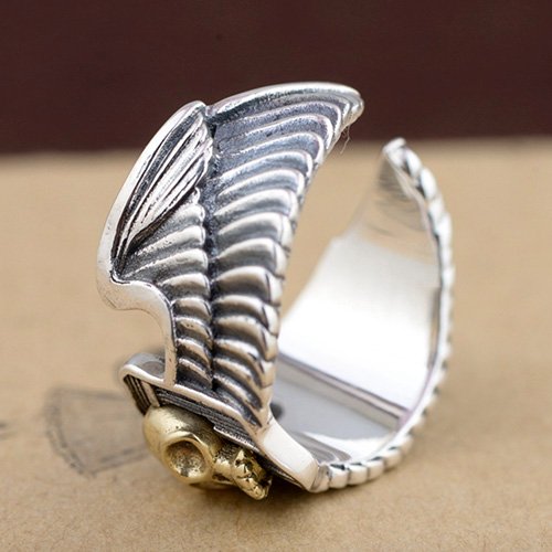 Men's Sterling Silver Eagle Wings Skull Ring