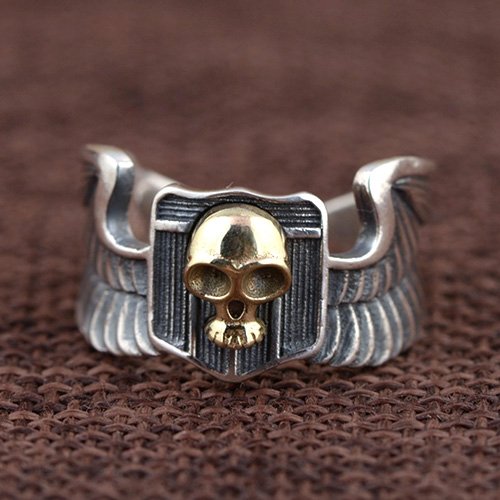 Men's Sterling Silver Eagle Wings Skull Ring