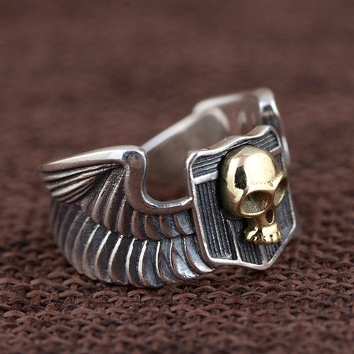 Men's Sterling Silver Eagle Wings Skull Ring