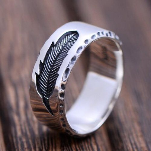 Men's Sterling Silver Engraved Feather Band Ring