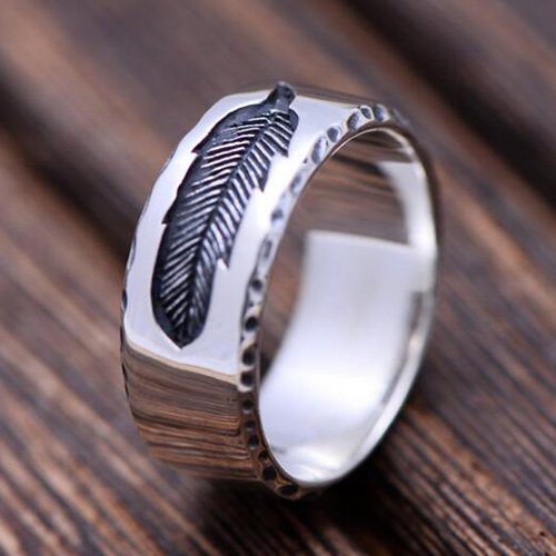 Men's Sterling Silver Engraved Feather Band Ring