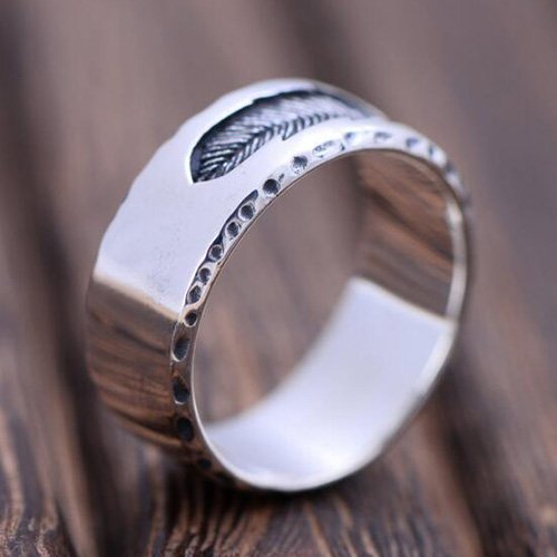 Men's Sterling Silver Engraved Feather Band Ring