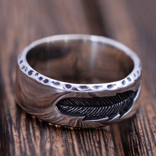 Men's Sterling Silver Engraved Feather Band Ring