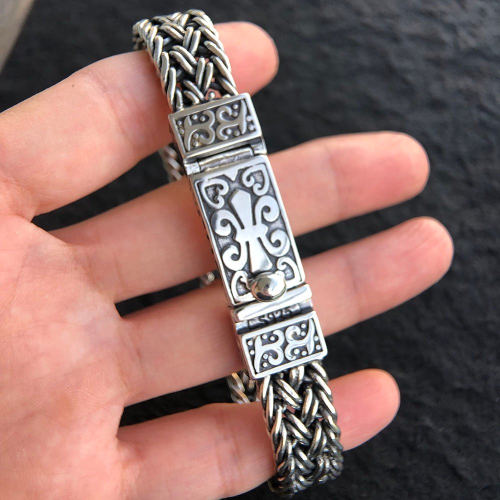 Men s Sterling Silver Fleur De Lis Wide Braided Bracelet Jewelry1000