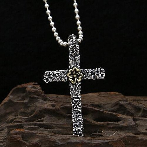 Men's Sterling Silver Flower Cross Necklace