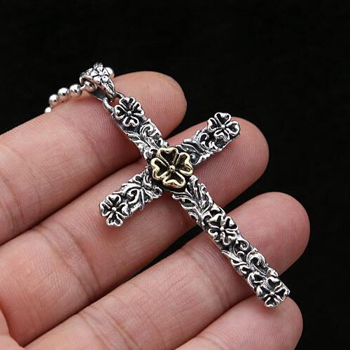 Men's Sterling Silver Flower Cross Necklace