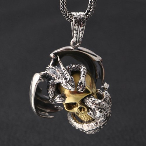 Men's Sterling Silver Flying Dragon Skull Pendant Necklace