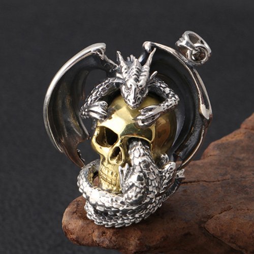 Men's Sterling Silver Flying Dragon Skull Pendant Necklace