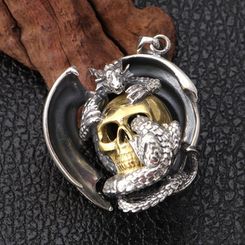 Men's Sterling Silver Flying Dragon Skull Pendant Necklace