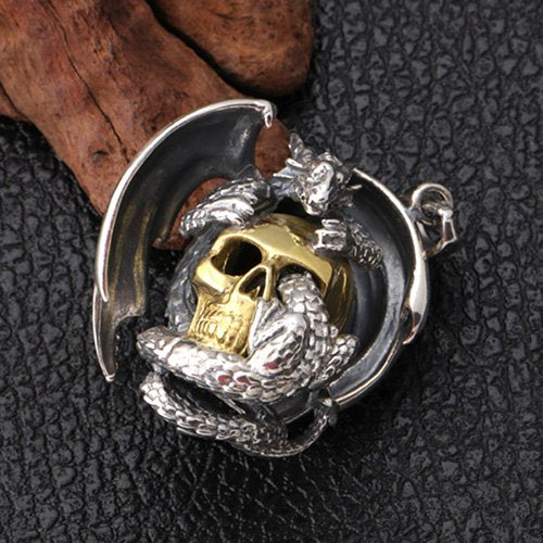 Men's Sterling Silver Flying Dragon Skull Pendant Necklace