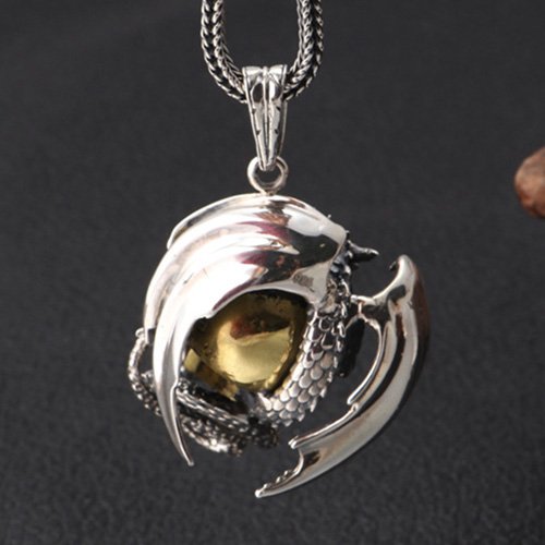 Men's Sterling Silver Flying Dragon Skull Pendant Necklace