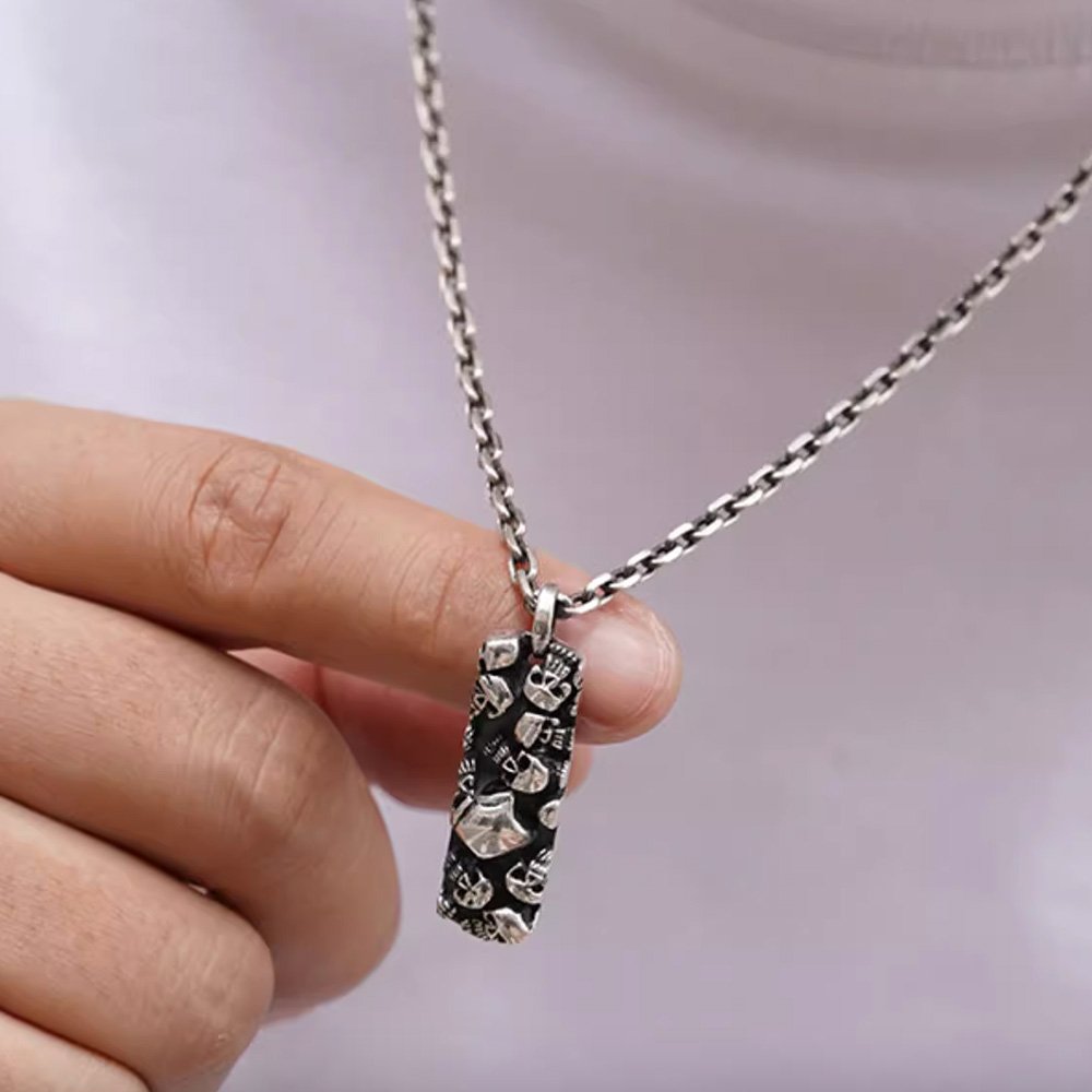 Men's Sterling Silver Handmade Skulls Tag Pendant Necklace