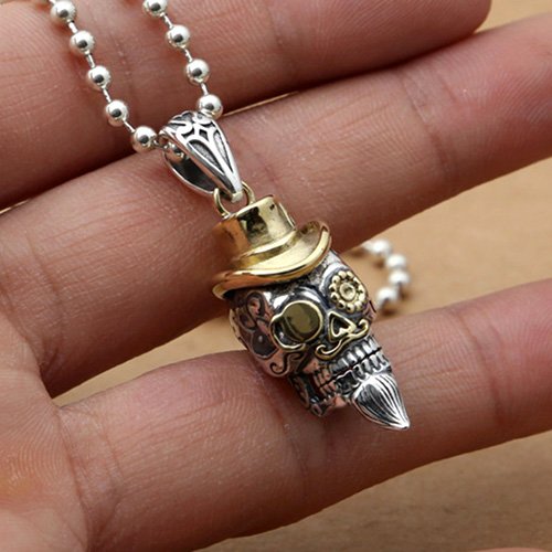 Men's Sterling Silver Hat Skull Necklace