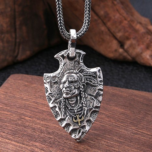 Men's Sterling Silver Indian Chief Spearhead Pendant Necklace