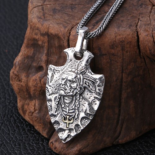 Men's Sterling Silver Indian Chief Spearhead Pendant Necklace