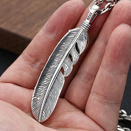 Men's Sterling Silver Indian Pattern Feather Necklace