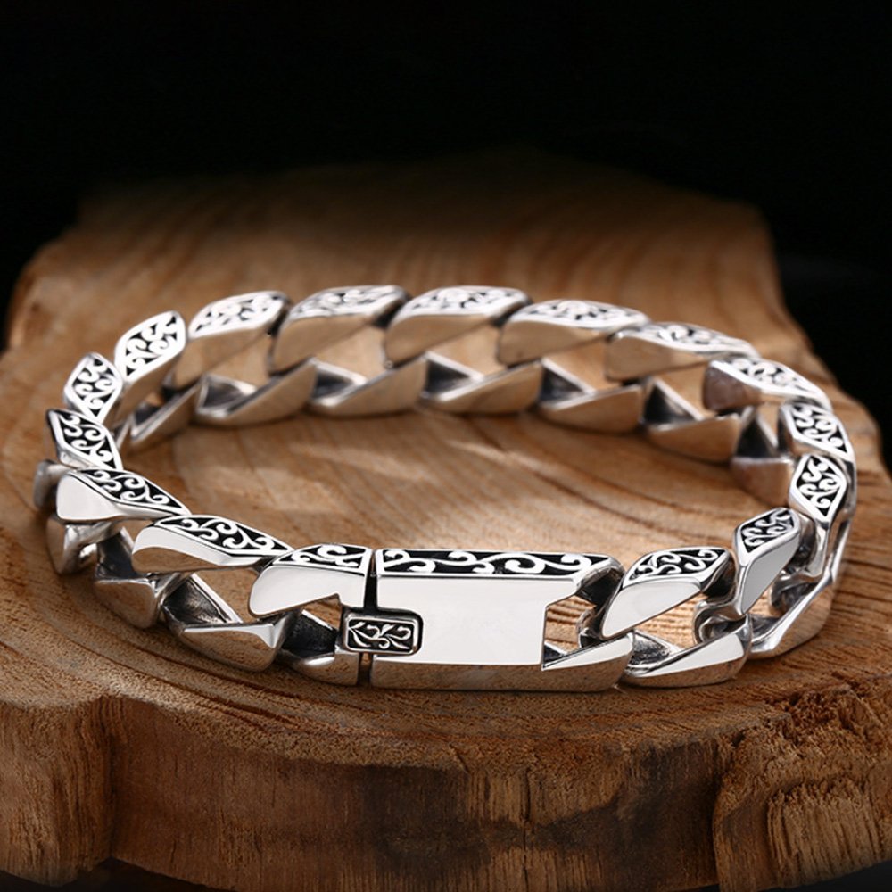 Men's Sterling Silver Ivy-Rimmed Cuban Chain Bracelet