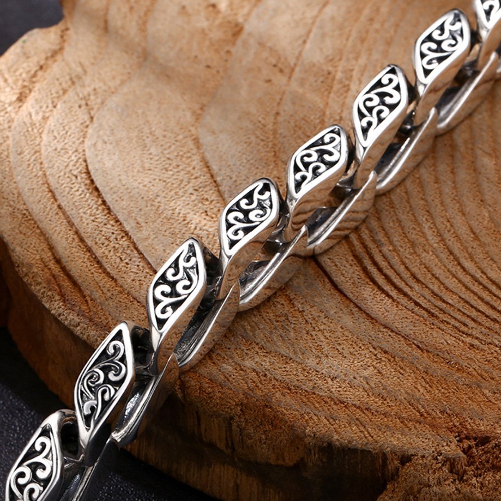 Men's Sterling Silver Ivy-Rimmed Cuban Chain Bracelet