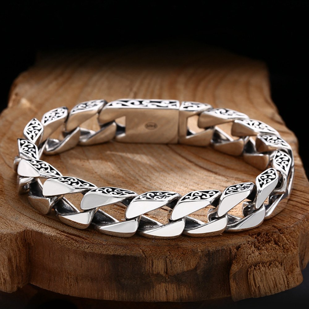 Men's Sterling Silver Ivy-Rimmed Cuban Chain Bracelet