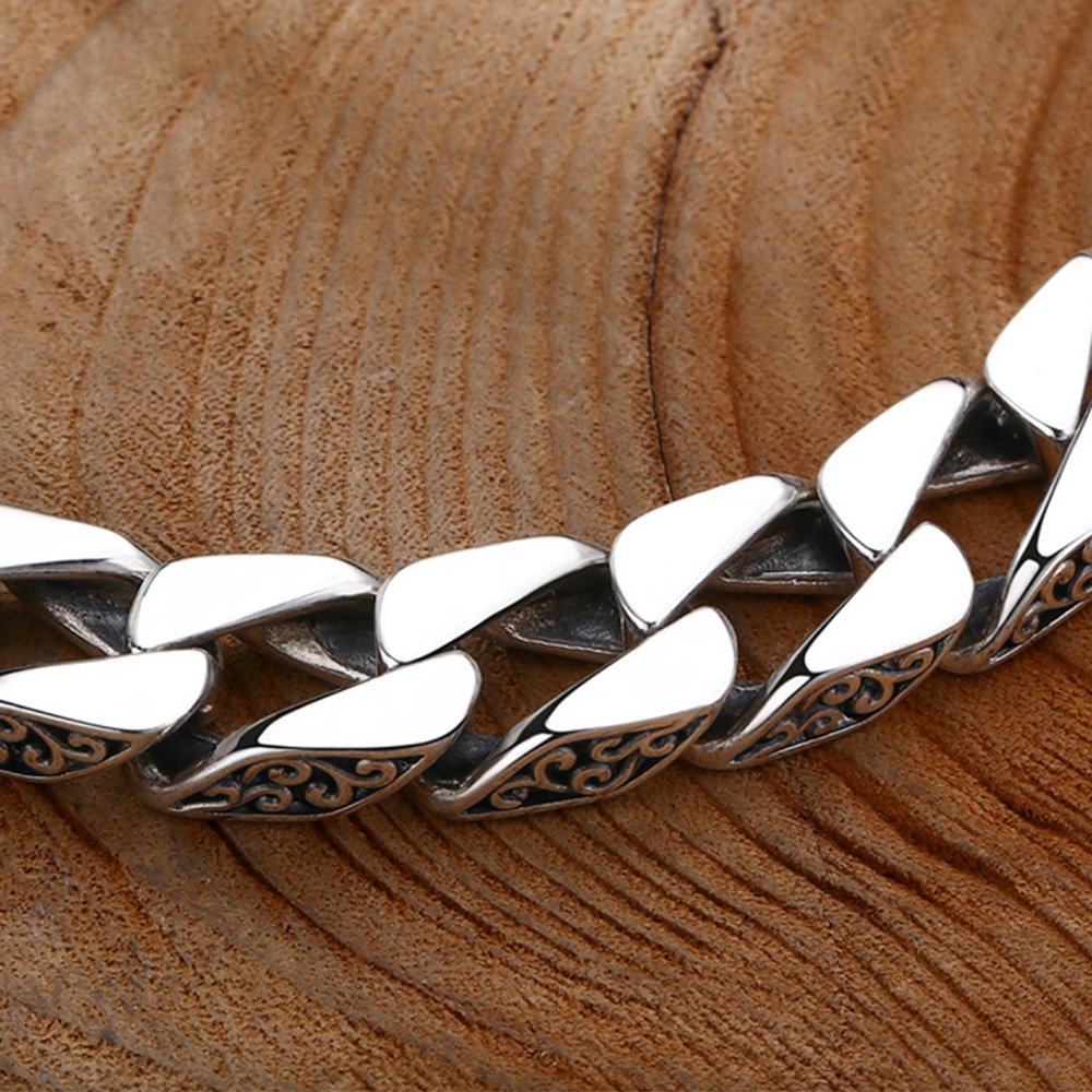 Men's Sterling Silver Ivy-Rimmed Cuban Chain Bracelet