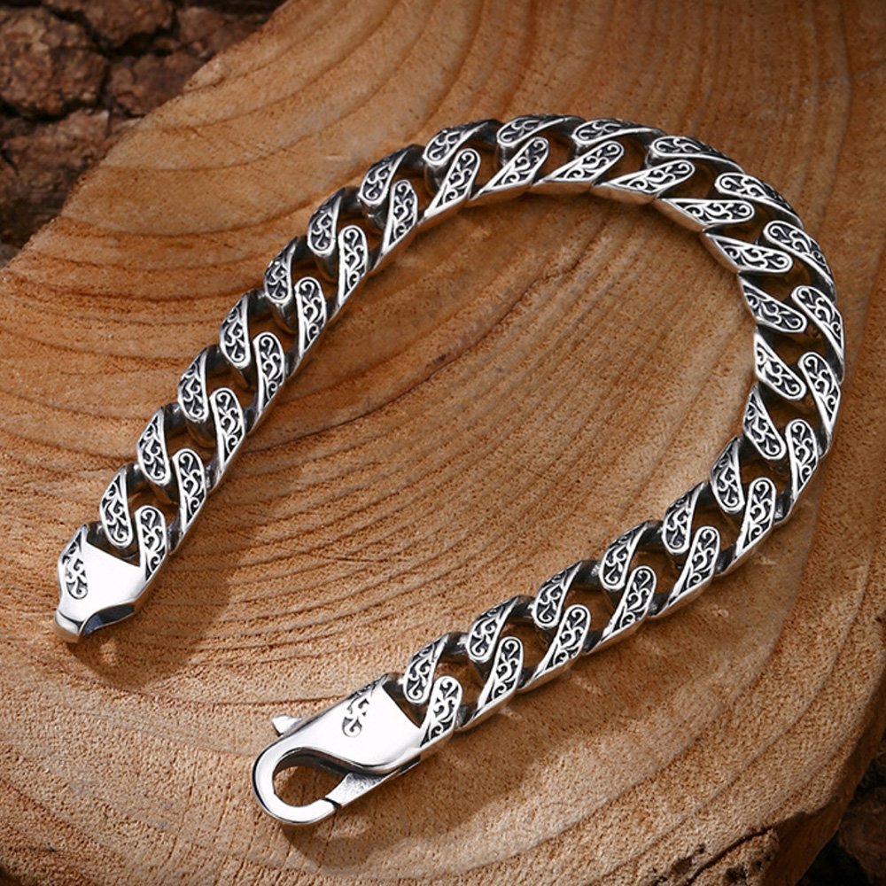 Men's Sterling Silver Ivy Engraved Cuban Chain Bracelet