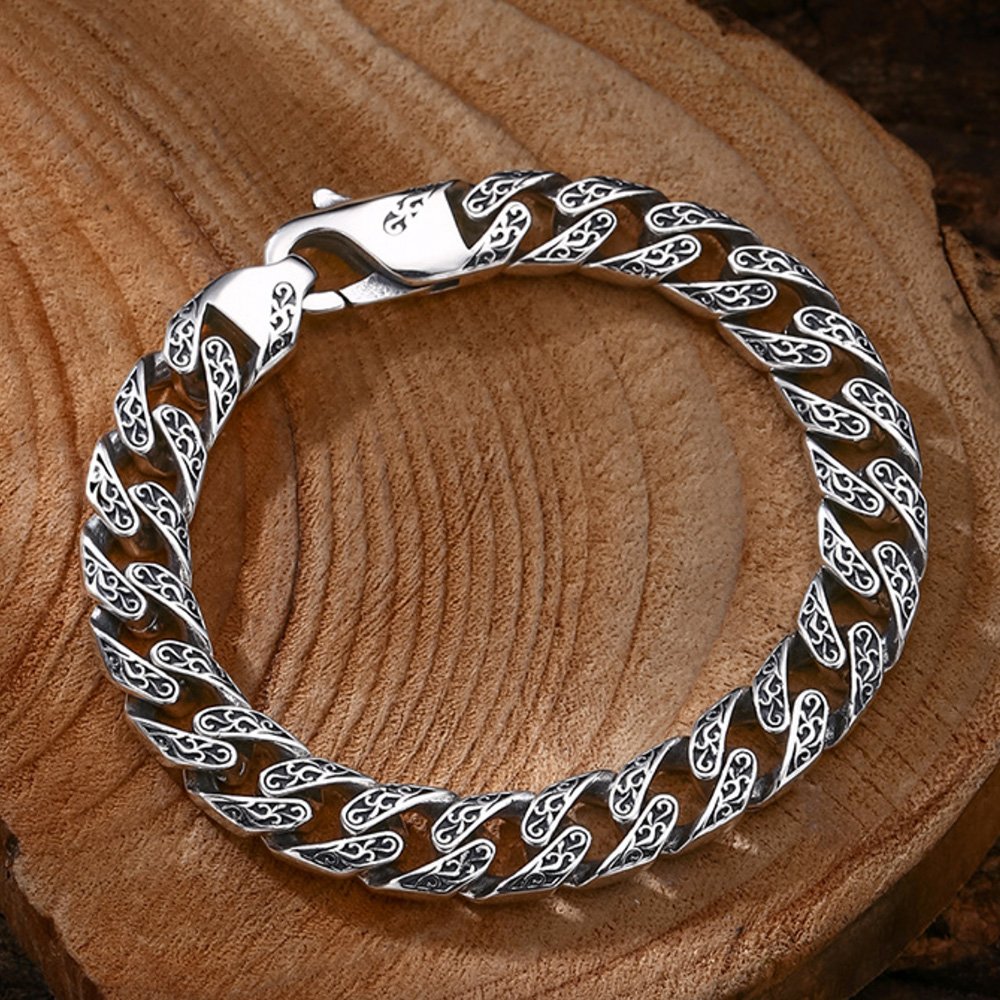 Men's Sterling Silver Ivy Engraved Cuban Chain Bracelet