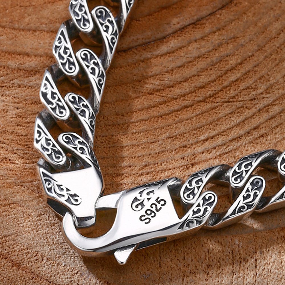 Men's Sterling Silver Ivy Engraved Cuban Chain Bracelet