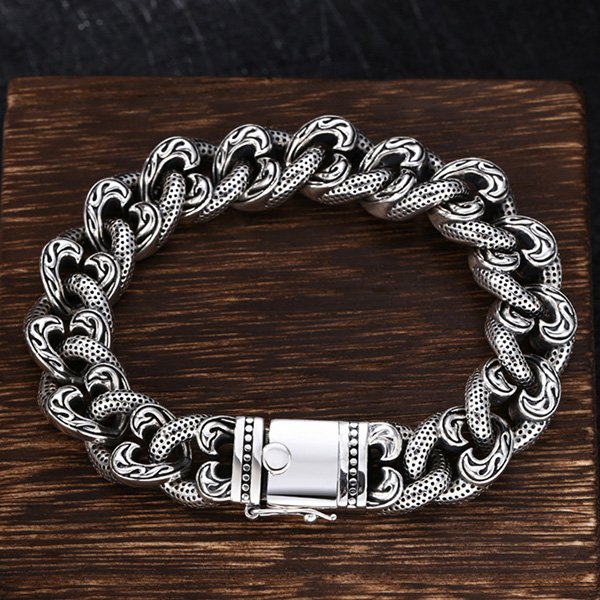 Men's Sterling Silver Ivy Pattern Cuban Chain Bracelet