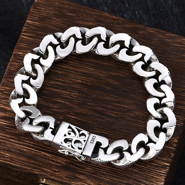 Men's Sterling Silver Ivy Pattern Cuban Chain Bracelet