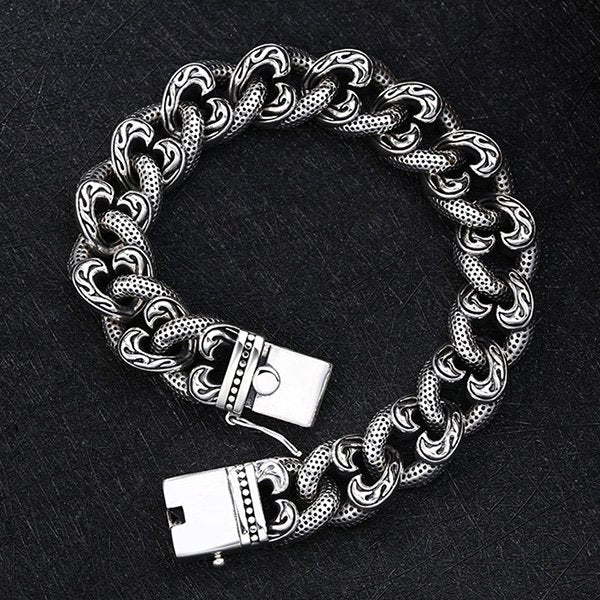 Men's Sterling Silver Ivy Pattern Cuban Chain Bracelet