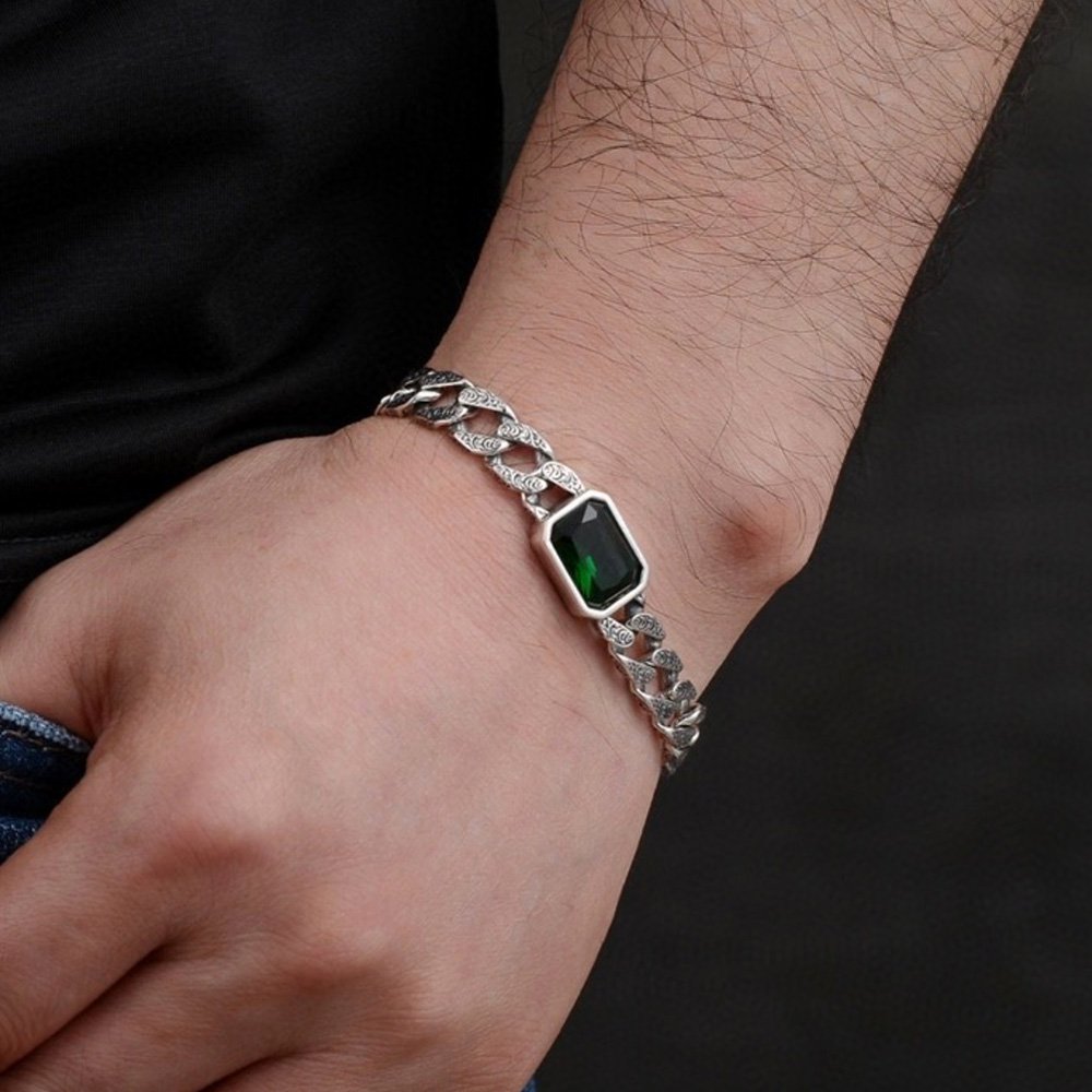 Men's Sterling Silver Ivy Pattern Cuban Chain Bracelet