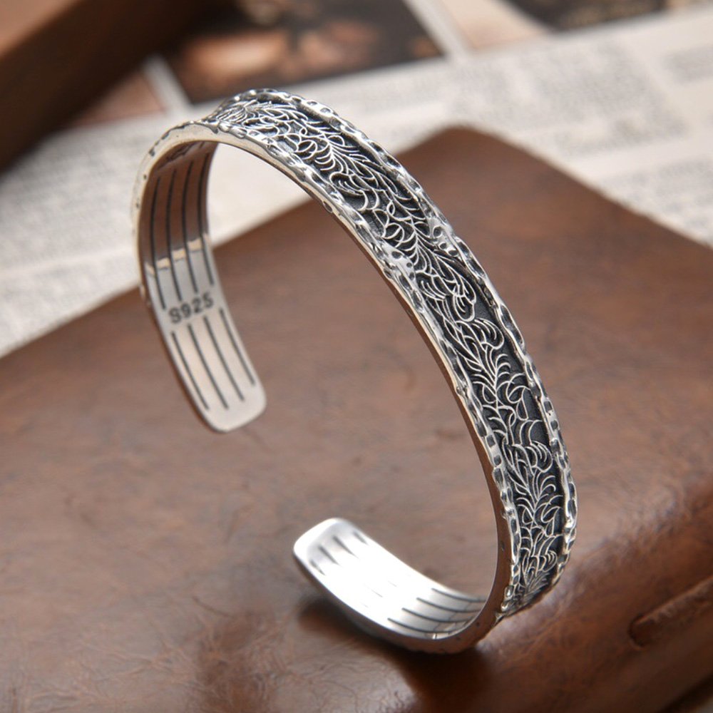 Men's Sterling Silver Ivy Pattern Cuff Bracelet