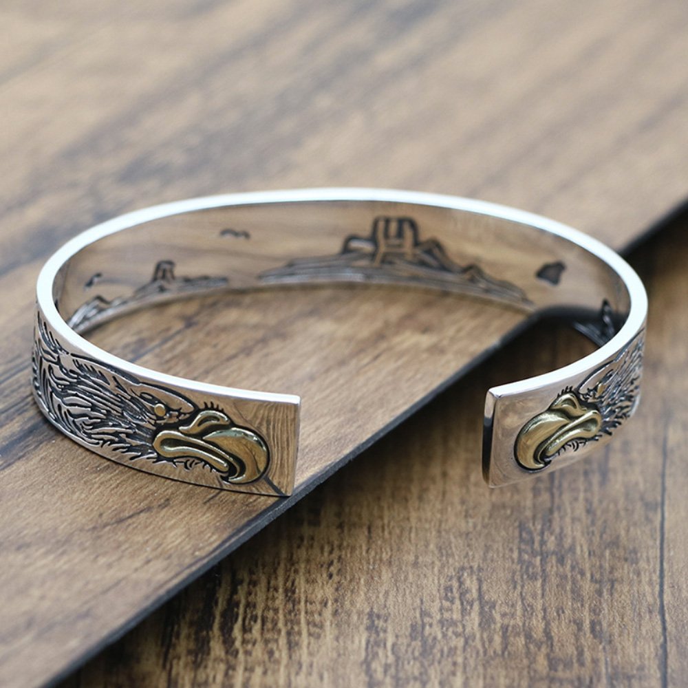 Men's Sterling Silver Ivy Pattern Eagle Cuff Bracelet