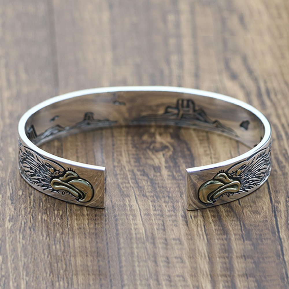 Men's Sterling Silver Ivy Pattern Eagle Cuff Bracelet