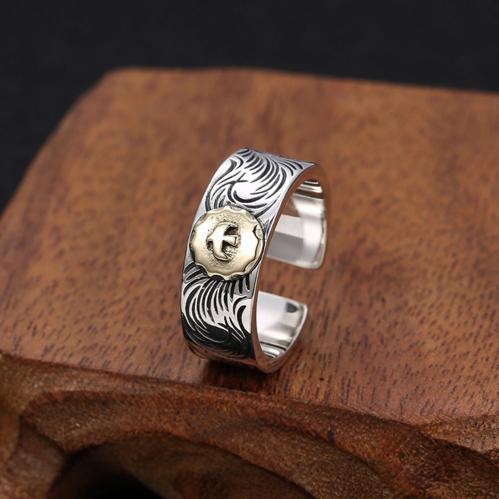 Men's Sterling Silver Ivy Pattern Eagle Ring