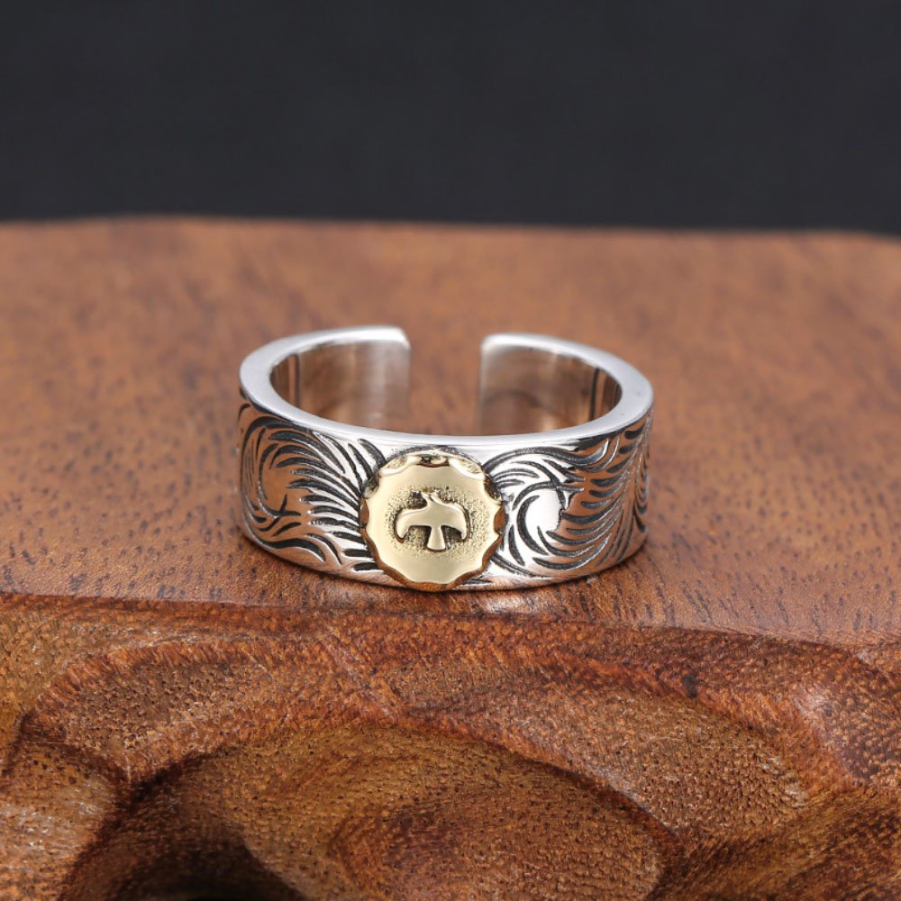 Men's Sterling Silver Ivy Pattern Eagle Ring