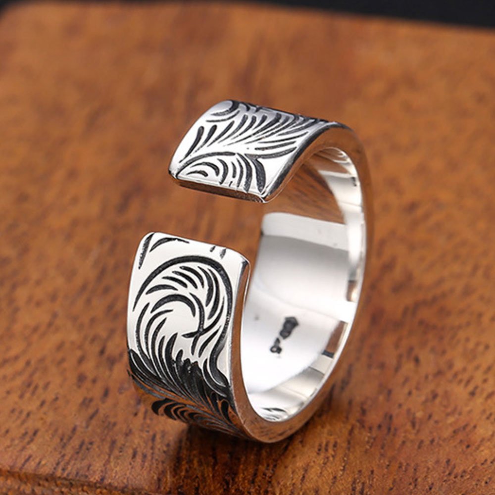 Men's Sterling Silver Ivy Pattern Eagle Ring