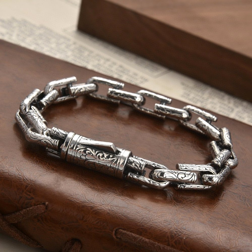 Men's Sterling Silver Ivy Pattern Link Chain Bracelet