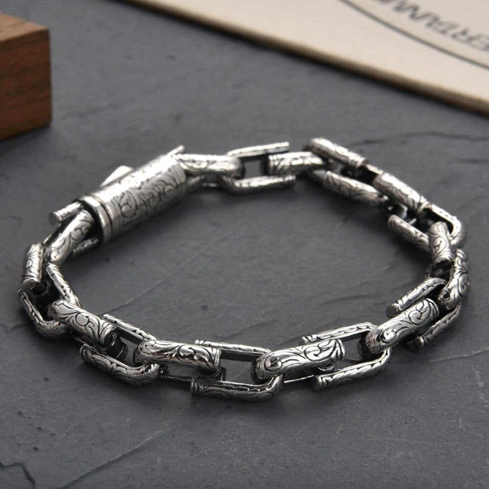Men's Sterling Silver Ivy Pattern Link Chain Bracelet