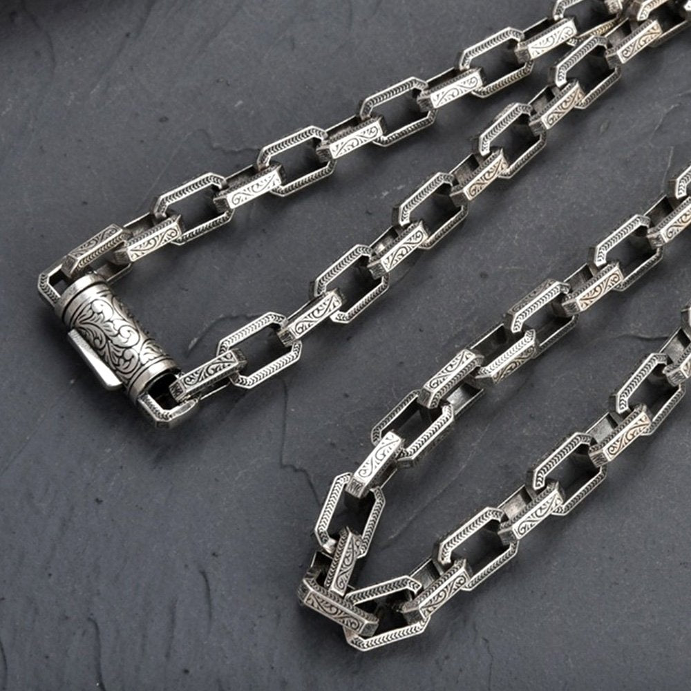 Men's Sterling Silver Ivy Pattern Rectangle Link Chain - Jewelry1000.com